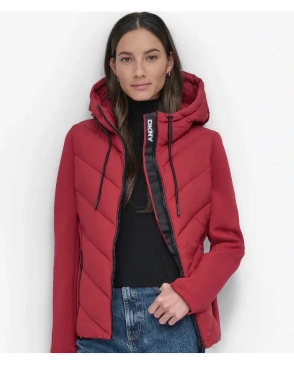 DKNY Women's Red Quilted Hooded Puffer Jacket